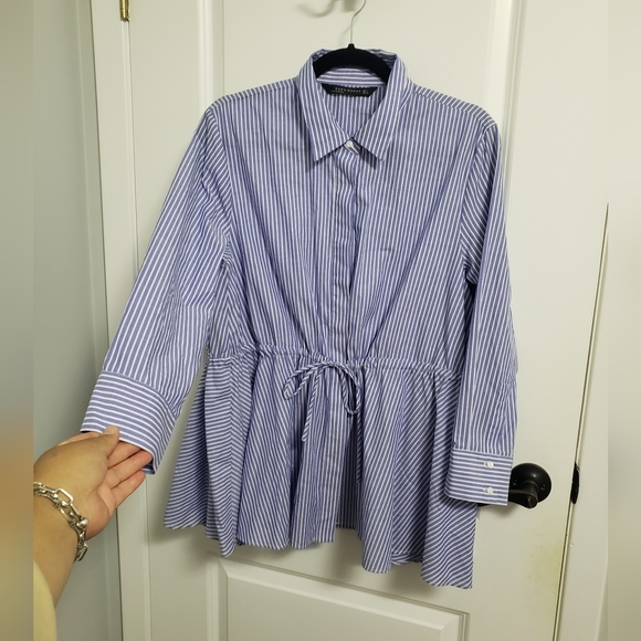 ZARA Blue and White Striped Peplum Button-Up Blouse - Picture 4 of 7